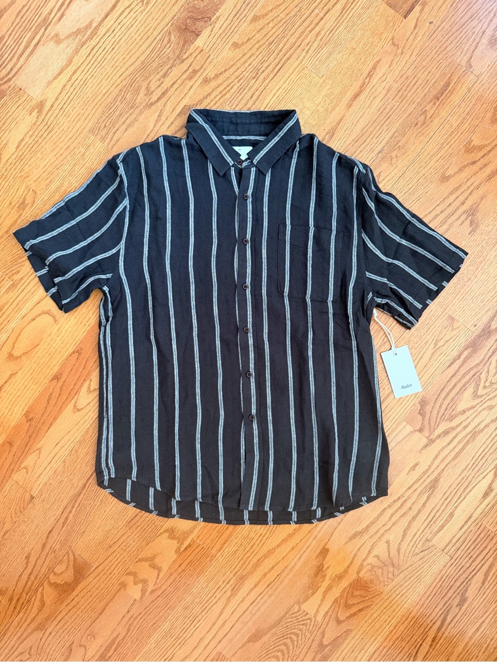 Men's Katin Black Short-Sleeve Button-Up Shirt with Vertical Stripes